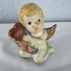 Vintage Ceramic Cherub Love Angel Golden Wings Red Heart Blonde Hair & Flowers